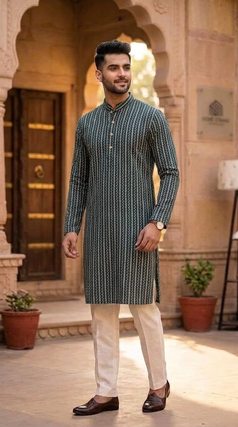 Teal Chevron Stripe Panjabi