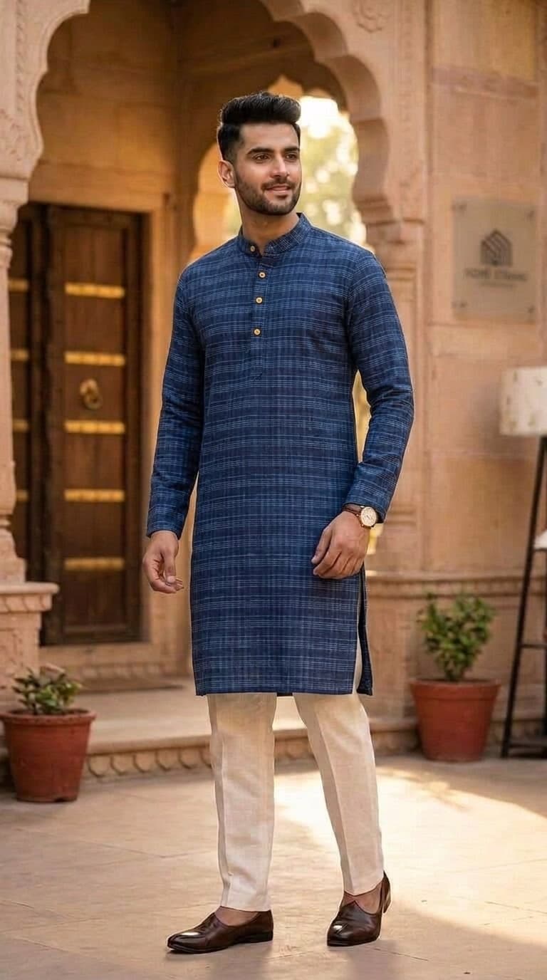 Indigo Slub Check Panjabi