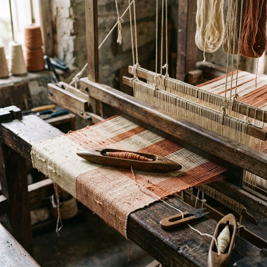 Handloom shuttle and yarn threads on a traditional loom in Kolkata